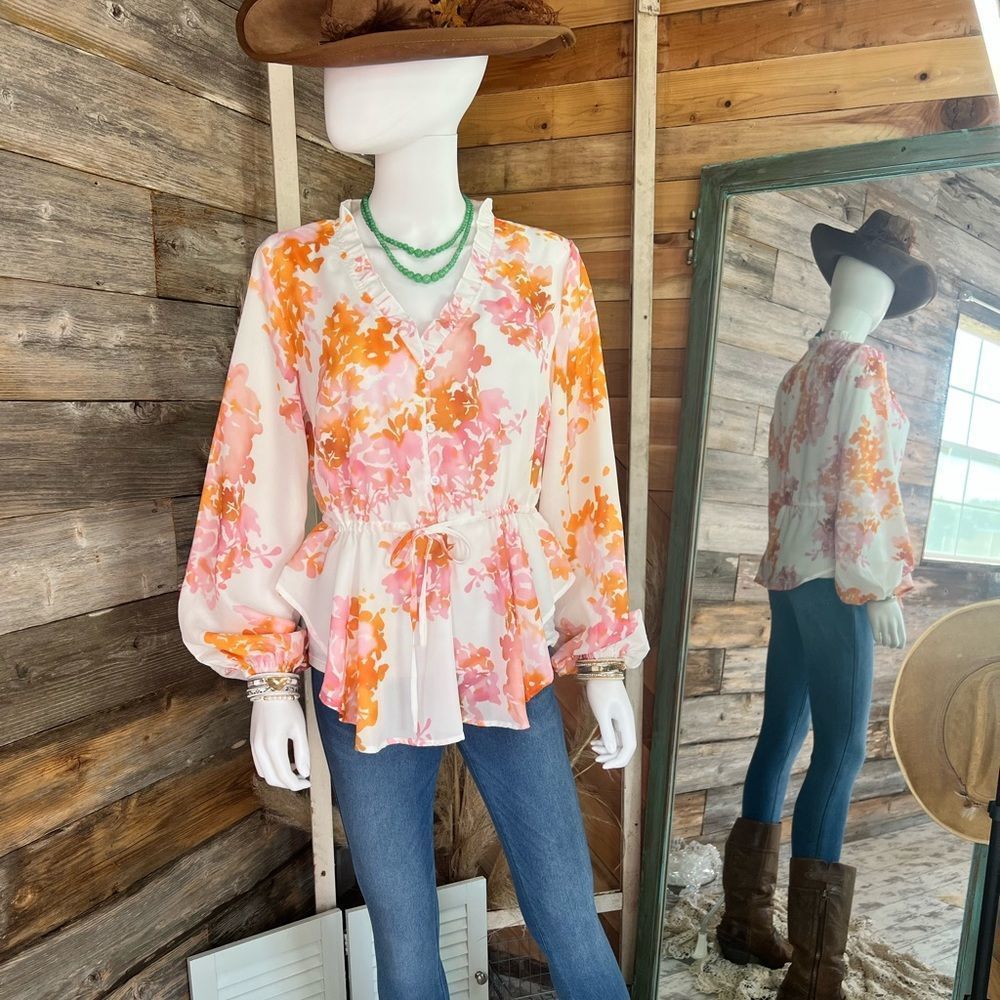 Boutique Brand Floral V Neck Ruffle Tie Waist Bubble Sleeve Blouse High-Low Crop